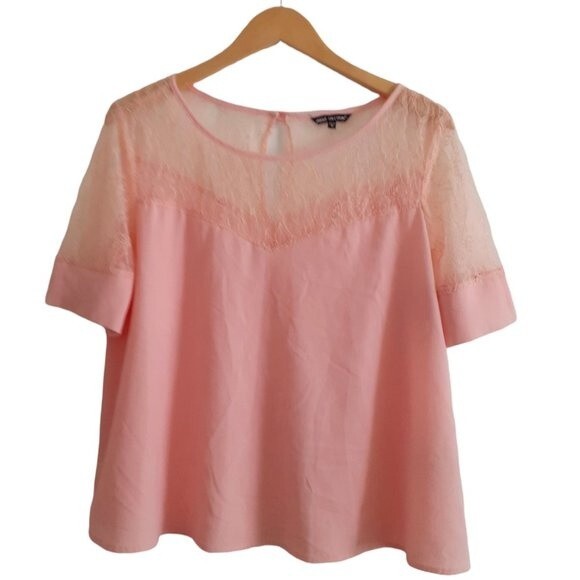 Unique Spectrum Blush Pink Peach Mesh Floral Lace Top Back Keyhole Baby Doll Top - Picture 1 of 10